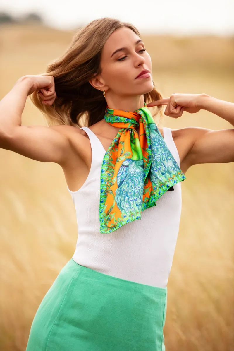 Clare Haggas Pluming Marvellous Macarena Orange Narrow Silk Scarf-1