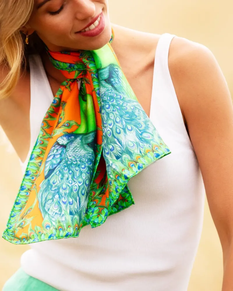 Clare Haggas Pluming Marvellous Macarena Orange Narrow Silk Scarf-2
