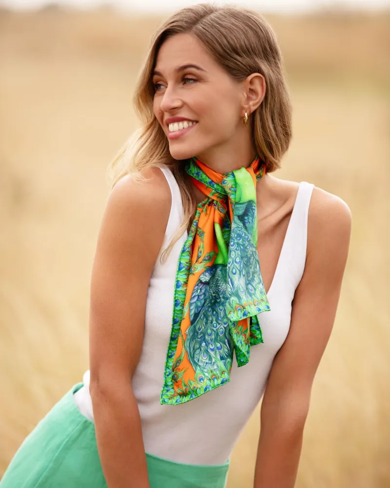 Clare Haggas Pluming Marvellous Macarena Orange Narrow Silk Scarf-3
