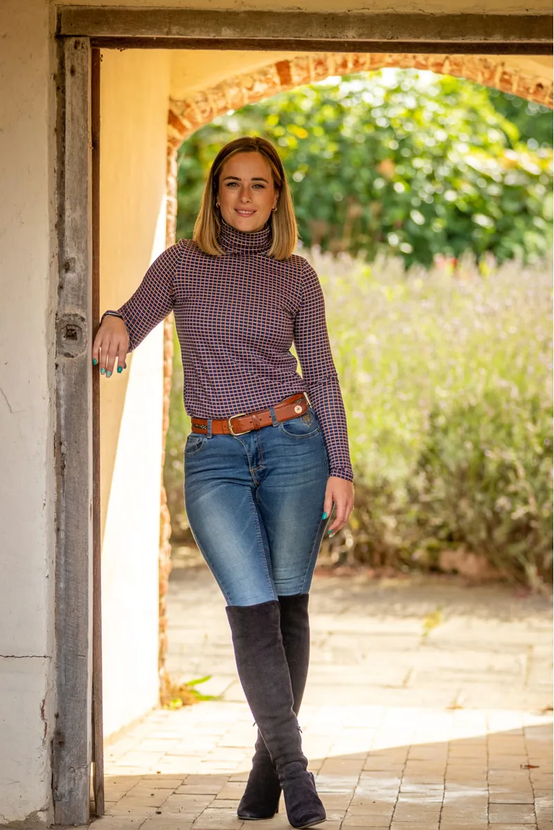 Ginger and Jardine Ladies Navy Burnt Orange Check Bamboo Cosy Roll Neck-2