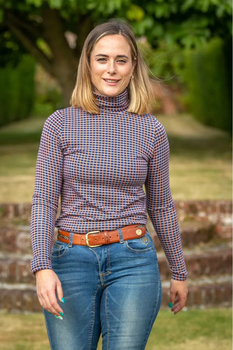 Ginger and Jardine Ladies Navy Burnt Orange Check Bamboo Cosy Roll Neck-1