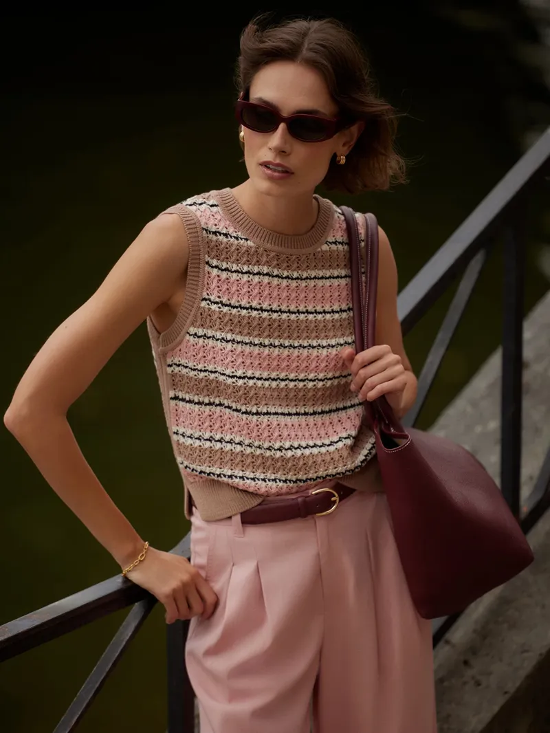 Varley Deeley Stripe Stitch Tank - Warm Taupe/ Mellow Rose-2