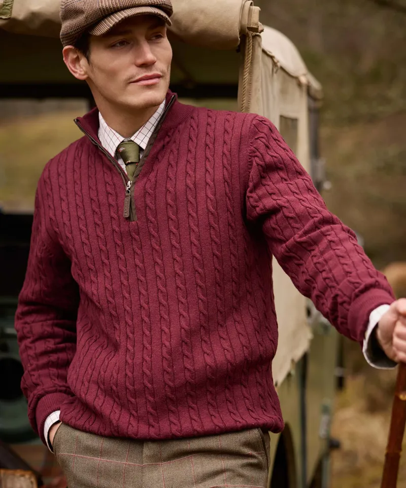 Schoffel Calton Cotton Cashmere Cable Quarter Zip Jumper - Burgundy-6