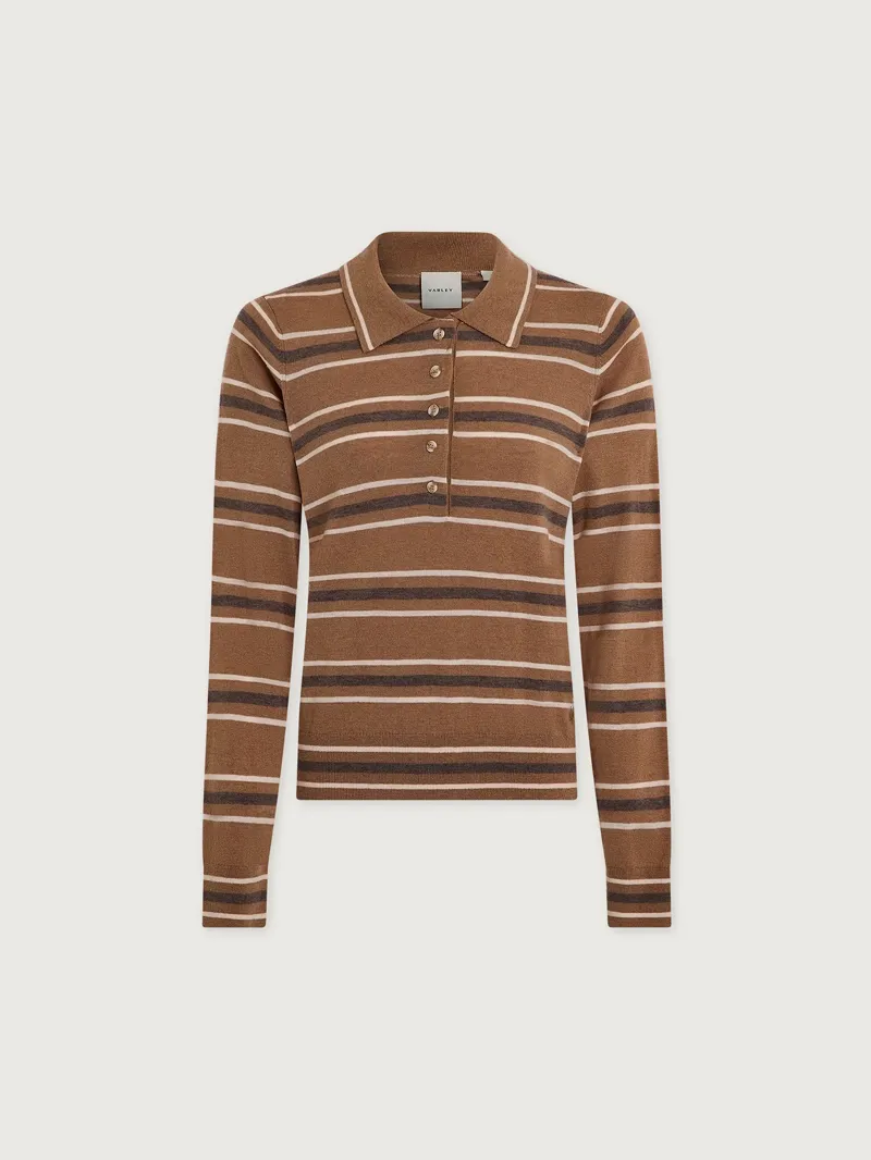 Varley Mayra Stripe Knit Polo - Camel-5