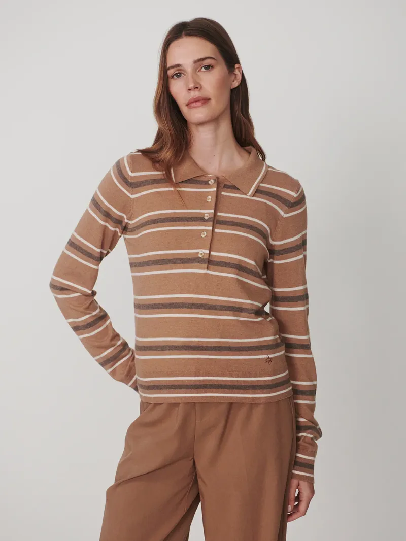 Varley Mayra Stripe Knit Polo - Camel