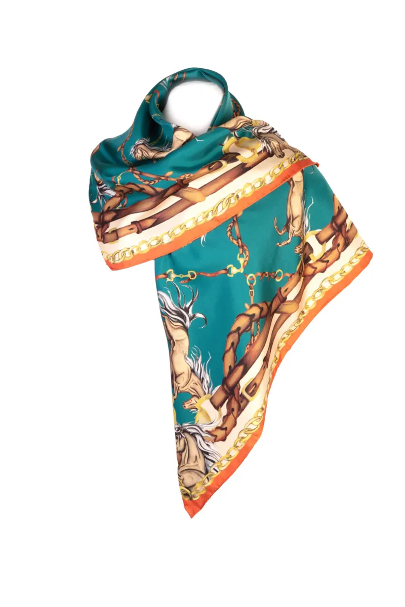 Clare Haggas Rearing To Go Teal and Rust Large Square Scarf-3
