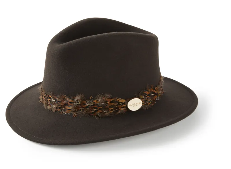 Hicks and Brown Suffolk Fedora in Dark Brown with Pheasant Feather Wrap