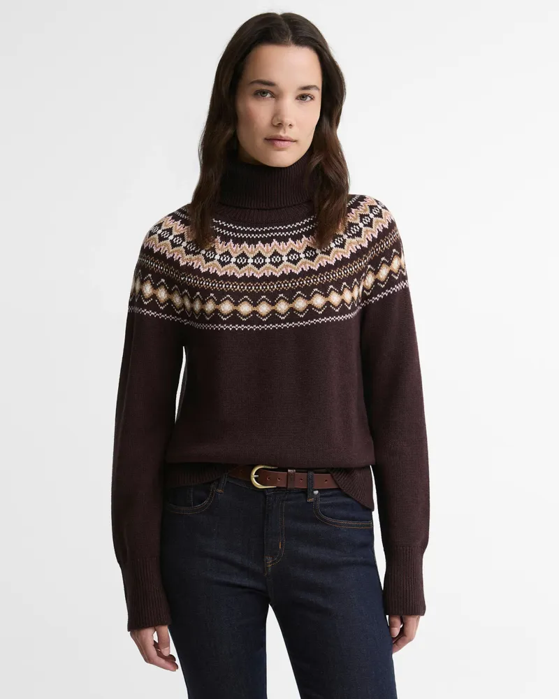 Barbour Ladies Darwen Fairisle Rollneck Jumper - Seal Brown
