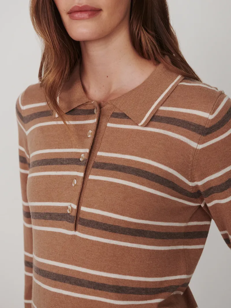 Varley Mayra Stripe Knit Polo - Camel-2