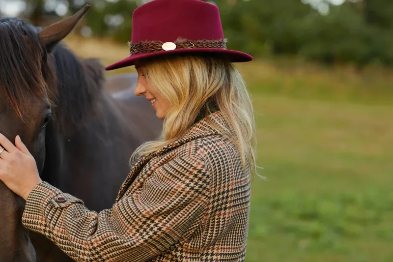 Hicks and Brown Suffolk Fedora in Maroon with Pheasant Feather Wrap