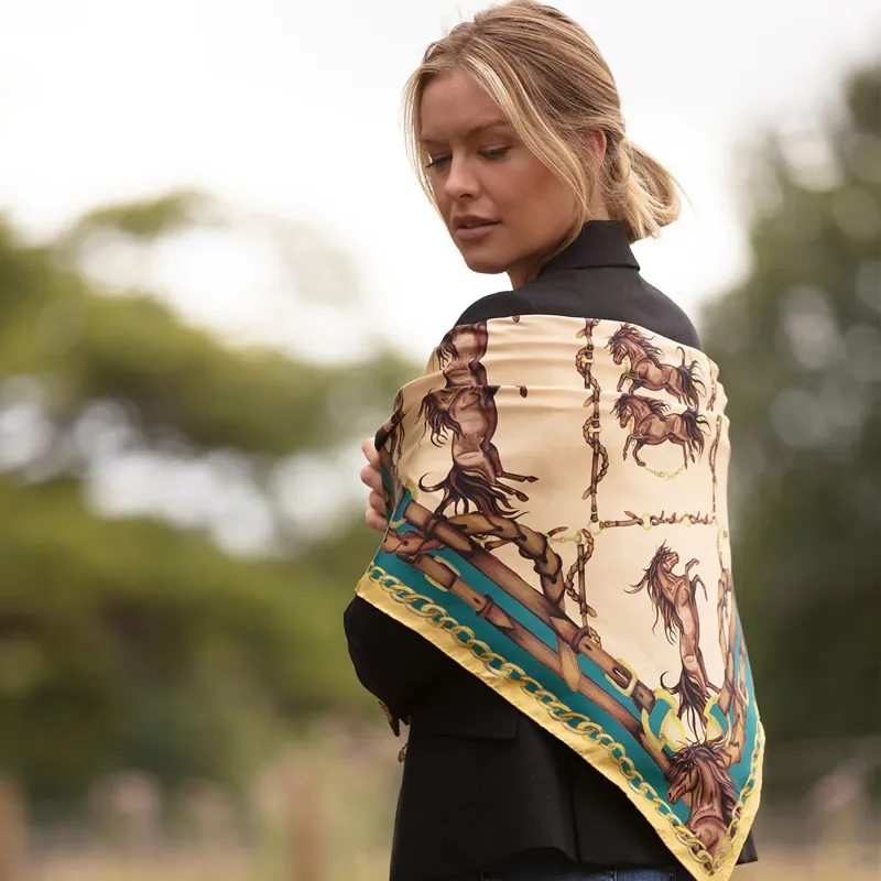 Clare Haggas Rearing To Go Oyster And Teal Large Square Scarf-2