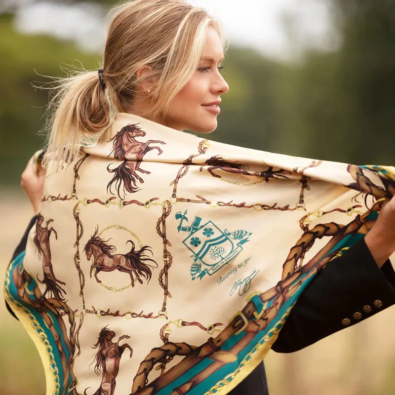 Clare Haggas Rearing To Go Oyster And Teal Large Square Scarf