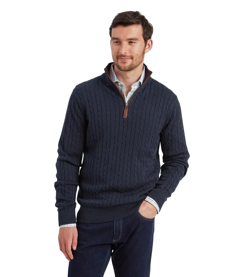 Schoffel Calton Cotton Cashmere Cable Quarter Zip Jumper - Petrol Blue-1