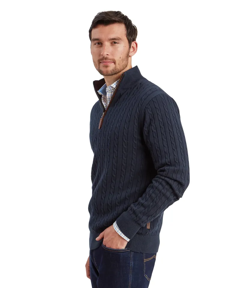 Schoffel Calton Cotton Cashmere Cable Quarter Zip Jumper - Petrol Blue-3
