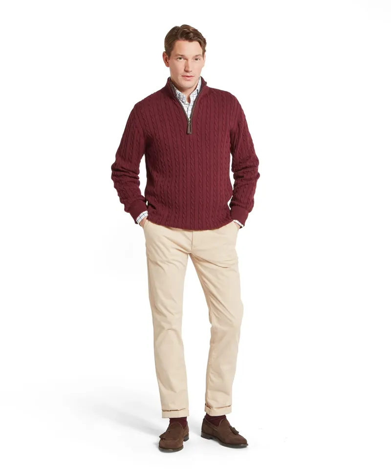 Schoffel Calton Cotton Cashmere Cable Quarter Zip Jumper - Burgundy-1