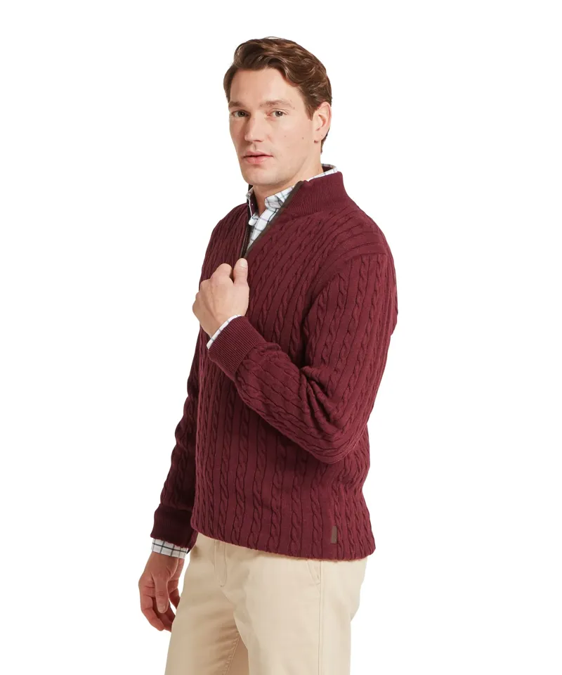 Schoffel Calton Cotton Cashmere Cable Quarter Zip Jumper - Burgundy-2