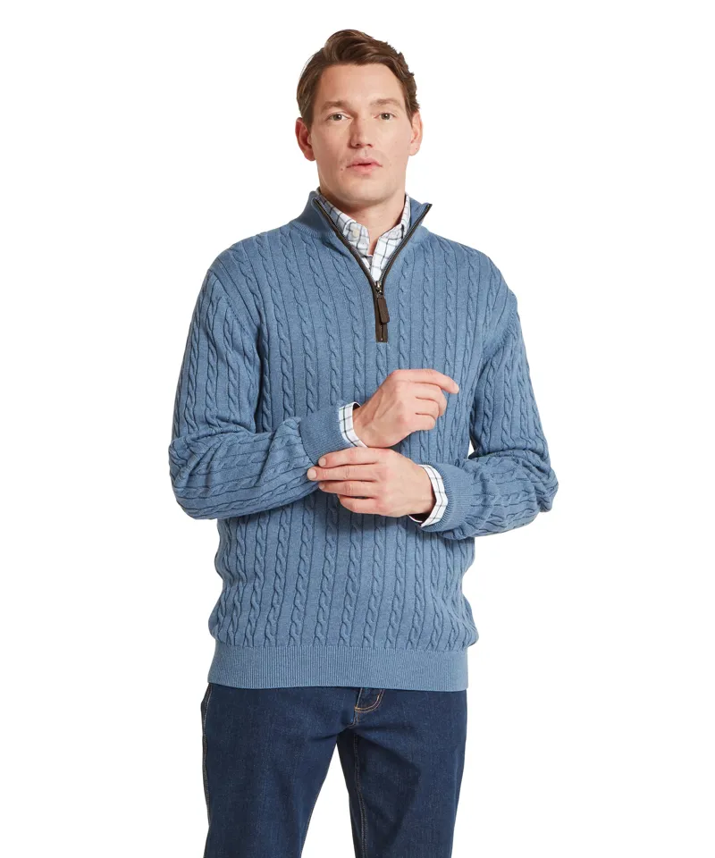Schoffel Calton Cotton Cashmere Cable Quarter Zip Jumper - Lake Blue