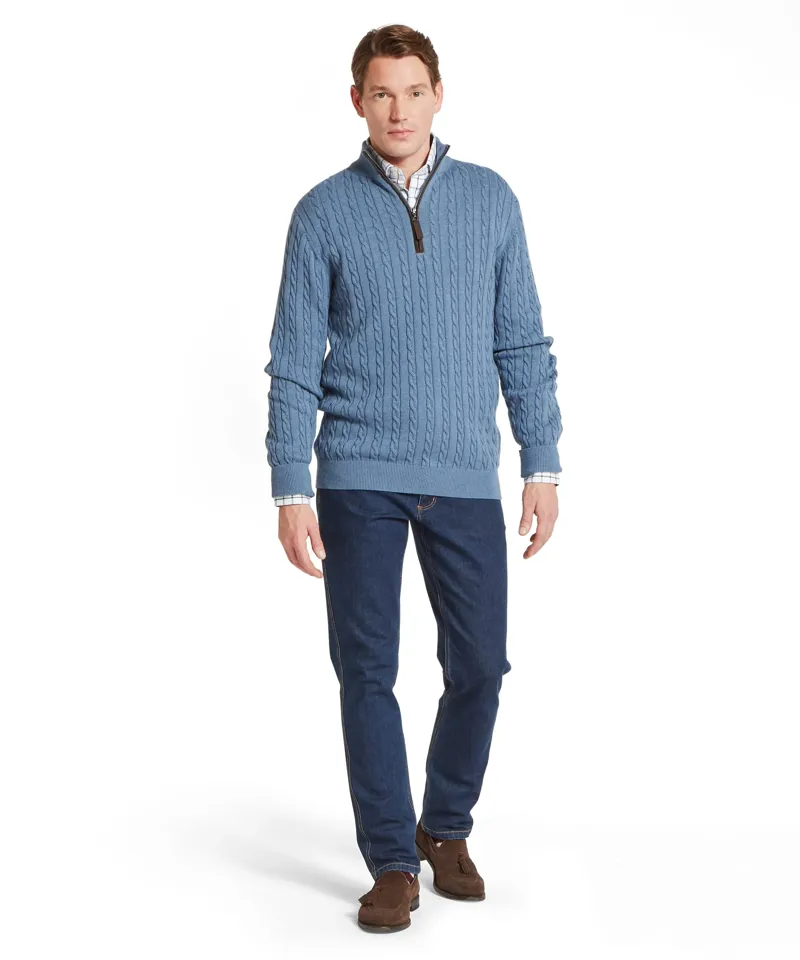 Schoffel Calton Cotton Cashmere Cable Quarter Zip Jumper - Lake Blue-1