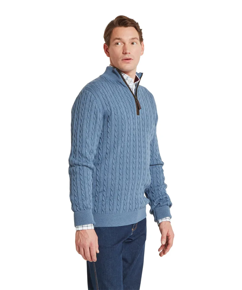 Schoffel Calton Cotton Cashmere Cable Quarter Zip Jumper - Lake Blue-2