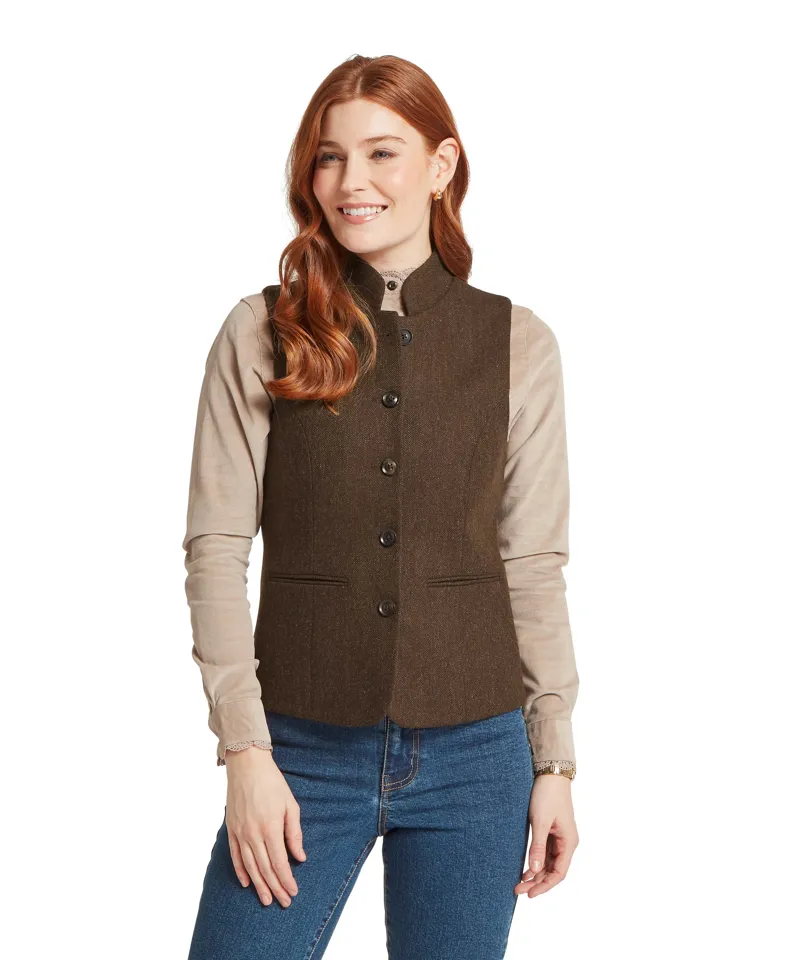 Schoffel Millport Tweed Nehru Waistcoat - Chocolate Herringbone Tweed